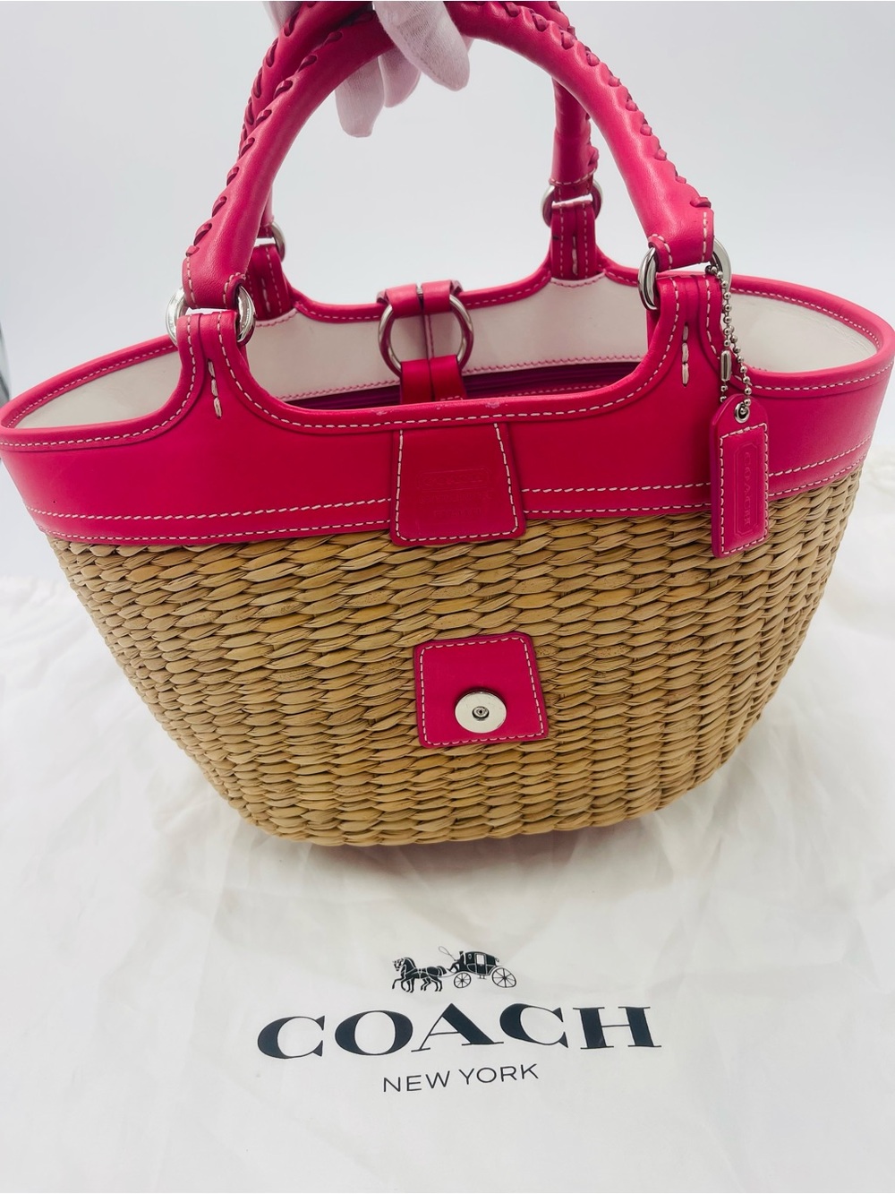 COACH 6271 Pink Trim Wicker Tote Bag
